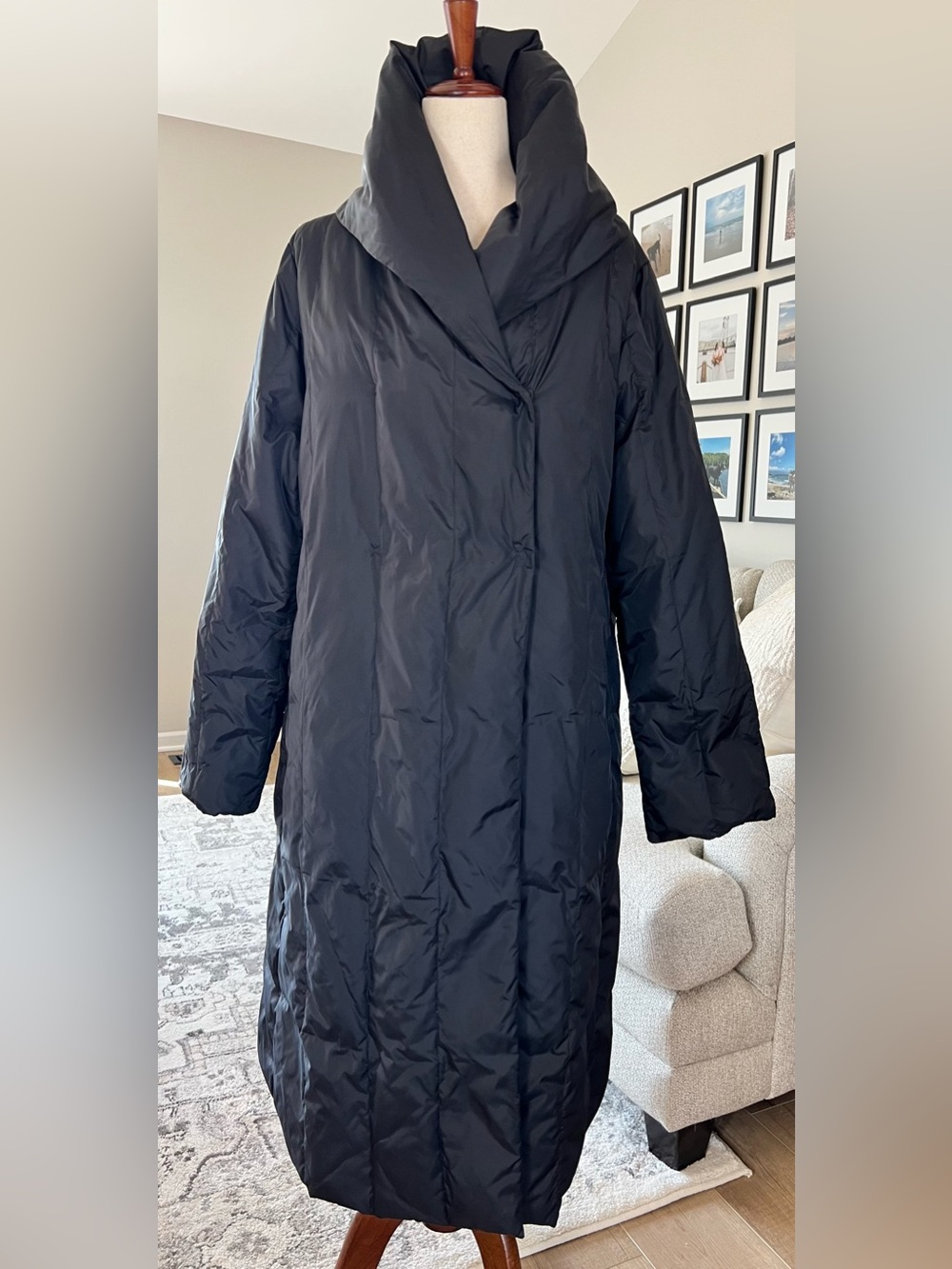 Eileen Fisher Black Long Down Fill Shawl Collar Coat Size Large